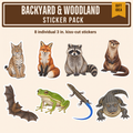 Backyard and Woodland Sticker Pack: eight individual 3 inch stickers of a bobcat, red fox, raccoon, river otter, brown bat, green tree frog, five-lined skink and alligator