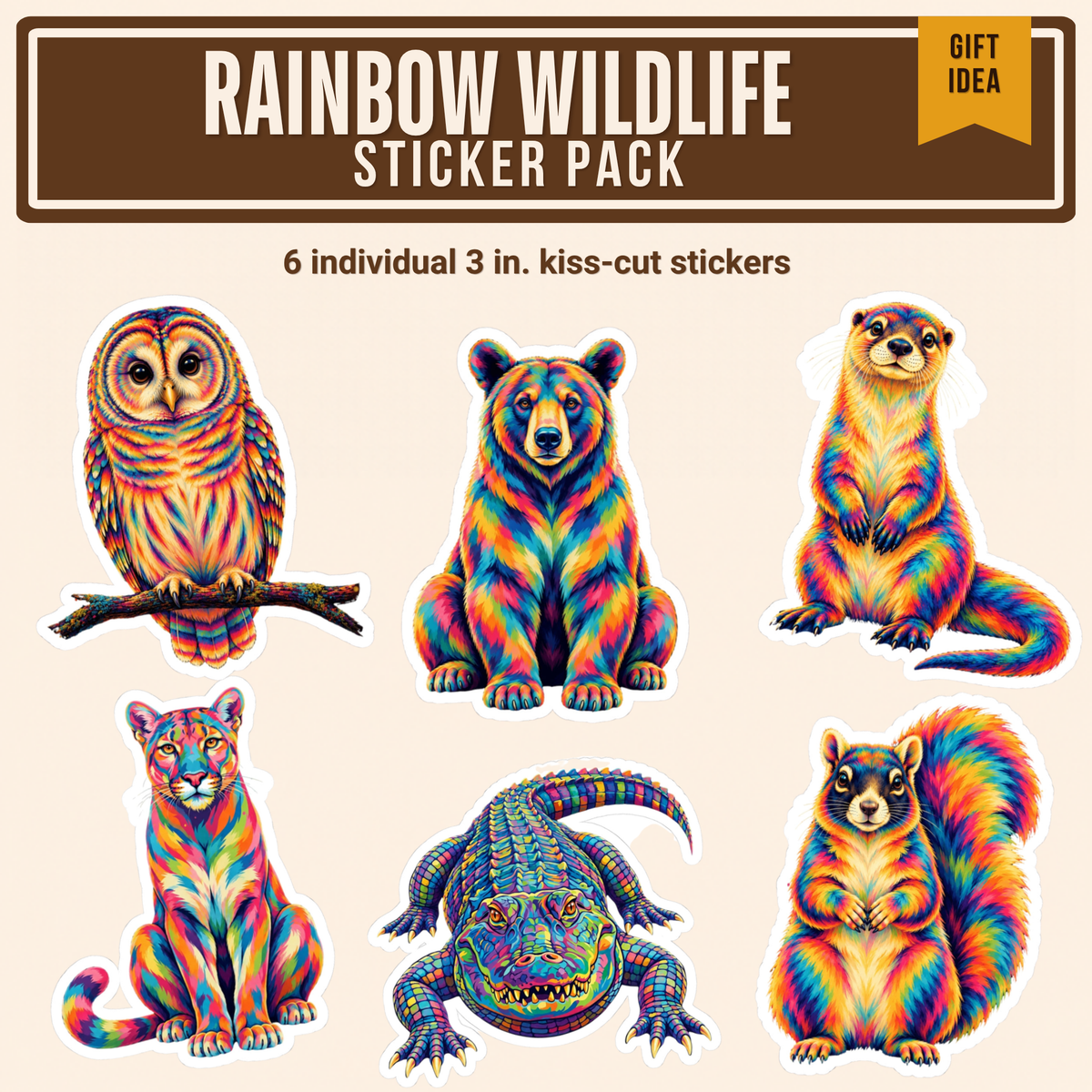 Rainbow Wildlife Sticker Pack: six individual 3 inch rainbow stickers of an alligator, Florida black bear, river otter, Florida panther, barred owl and fox squirrel