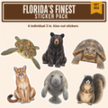 Florida's Finest Sticker Pack: six individual 3 inch stickers of a Florida panther, manatee, gopher tortoise, Florida black bear, green sea turtle and Sherman's fox squirrel
