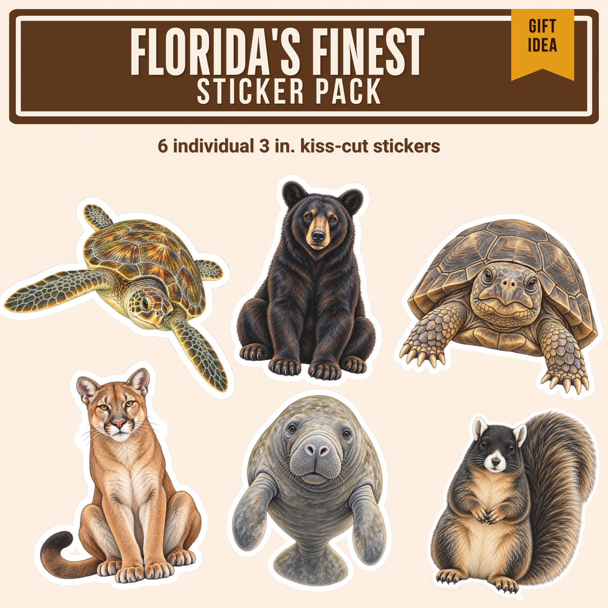 Florida's Finest Sticker Pack: six individual 3 inch stickers of a Florida panther, manatee, gopher tortoise, Florida black bear, green sea turtle and Sherman's fox squirrel