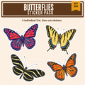 Butterfly Sticker Pack: four individual 3 inch stickers of a rainbow monarch, eastern tiger swallowtail, zebra longwing and classic monarch butterfly