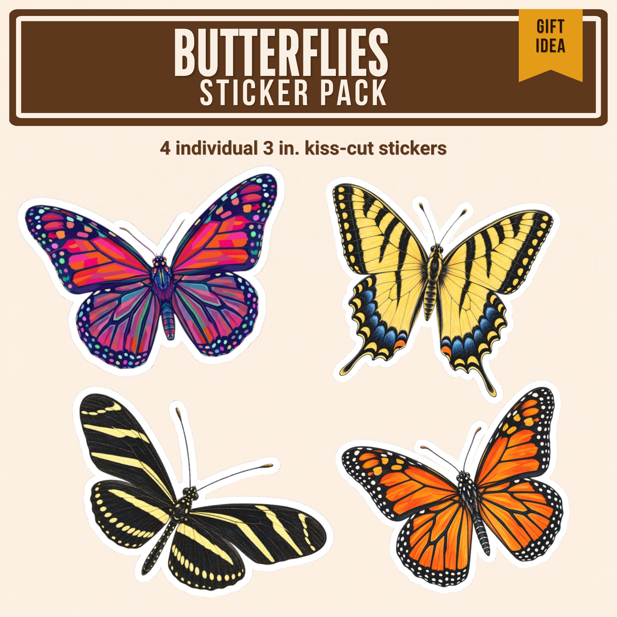 Butterfly Sticker Pack: four individual 3 inch stickers of a rainbow monarch, eastern tiger swallowtail, zebra longwing and classic monarch butterfly