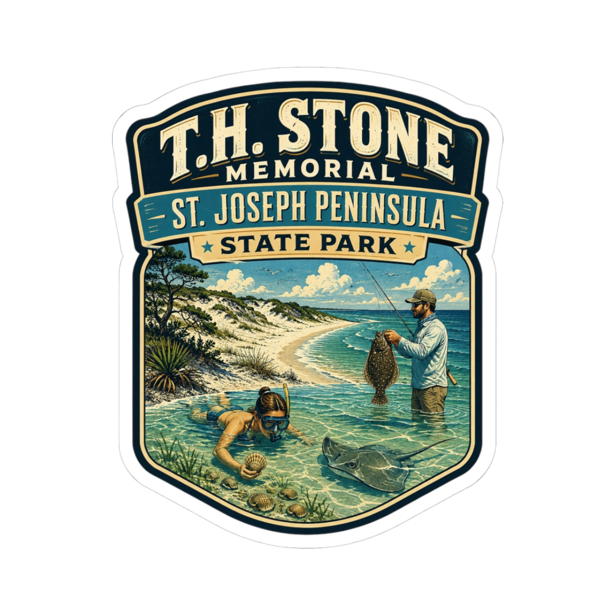 T.H. Stone Memorial State Park Sticker — St. Joseph Peninsula Coastal Fishing & Beach Scene Kiss-Cut Sticker