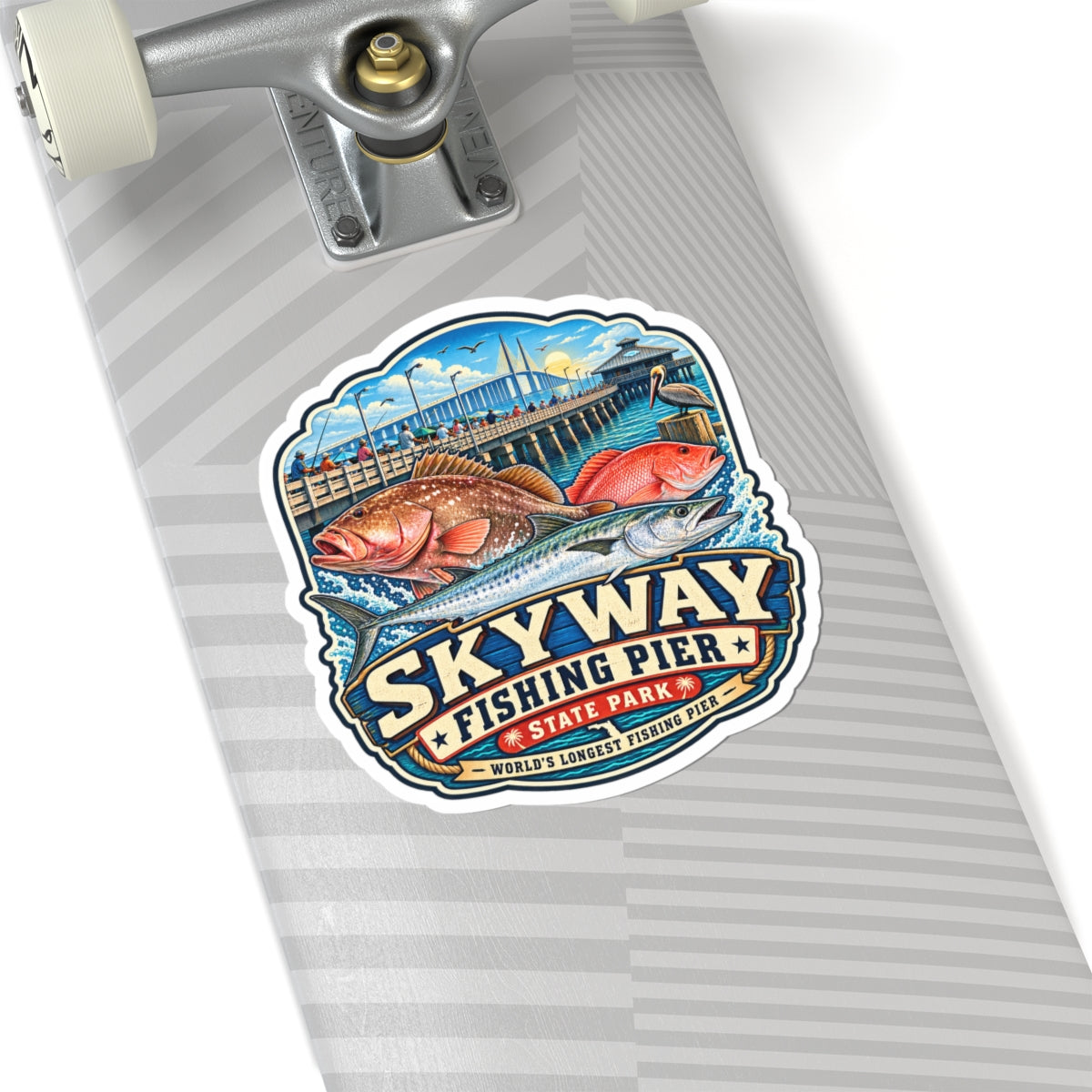Skyway Fishing Pier Sticker — Vintage Pier & Fish Kiss-Cut Decal