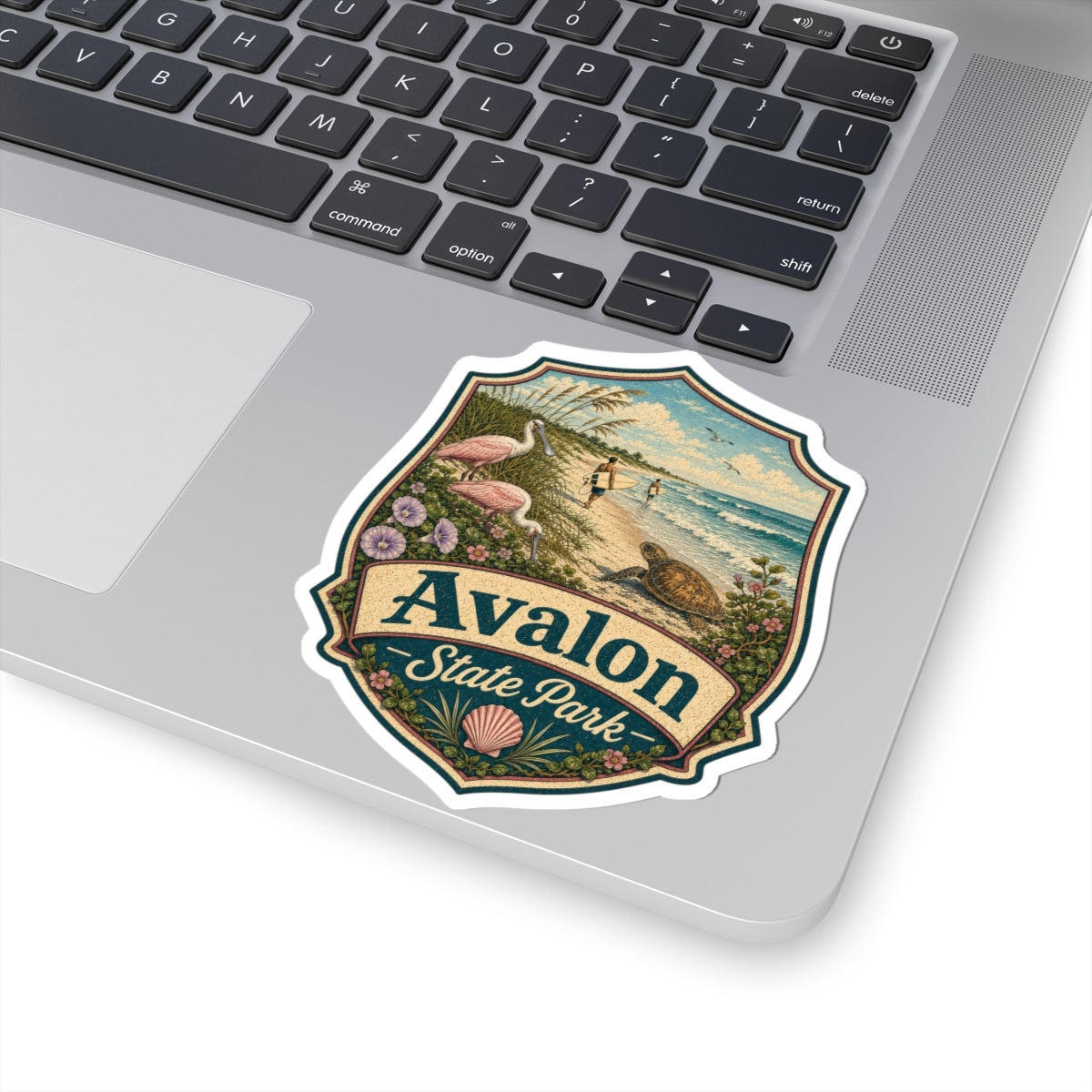 Avalon State Park Beach Sticker — Vintage Coastal Surf & Sea Turtle Kiss-Cut