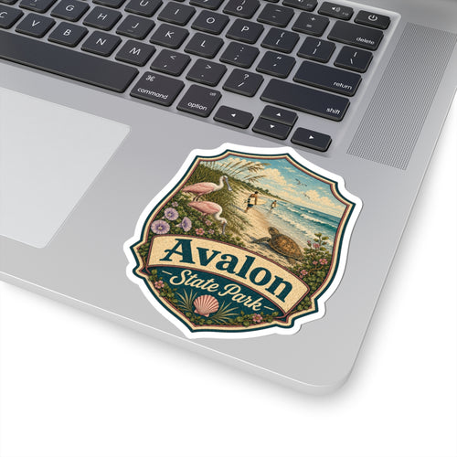 Avalon State Park Beach Sticker — Vintage Coastal Surf & Sea Turtle Kiss-Cut