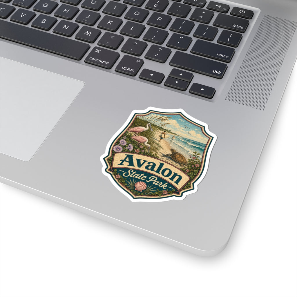 Avalon State Park Beach Sticker — Vintage Coastal Surf & Sea Turtle Kiss-Cut