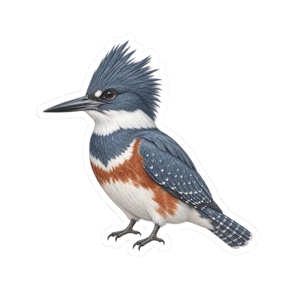 Belted Kingfisher Bird Sticker — Realistic Watercolor Kingfisher Kiss-Cut Vinyl Sticker