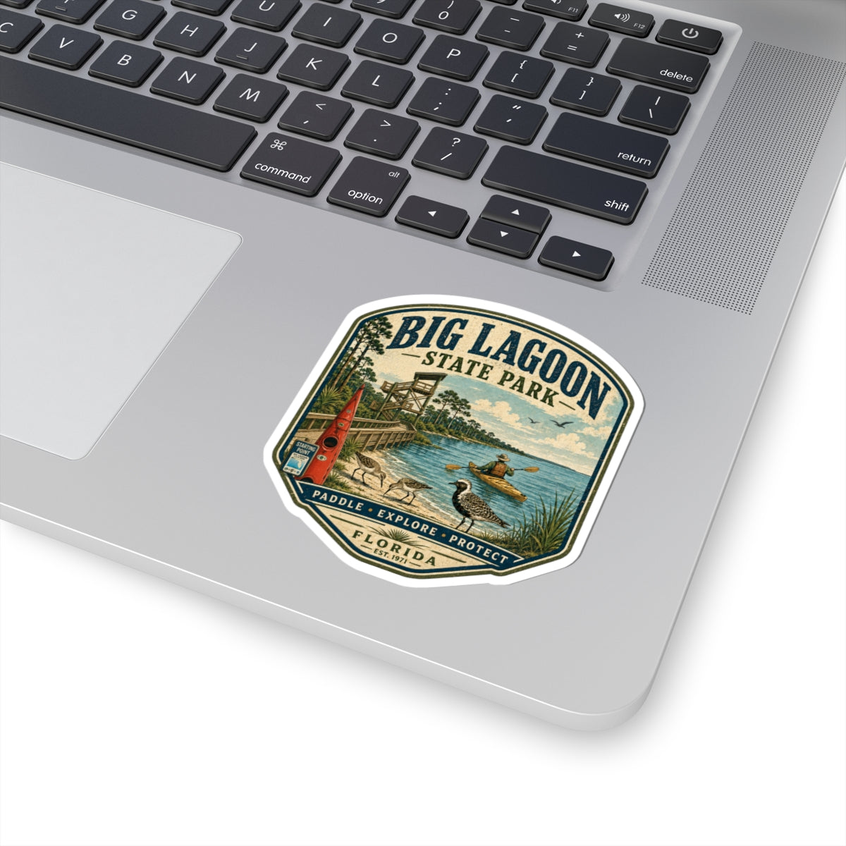 Big Lagoon State Park Vintage Outdoor Sticker — Kayak, Shorebirds & Florida Nature