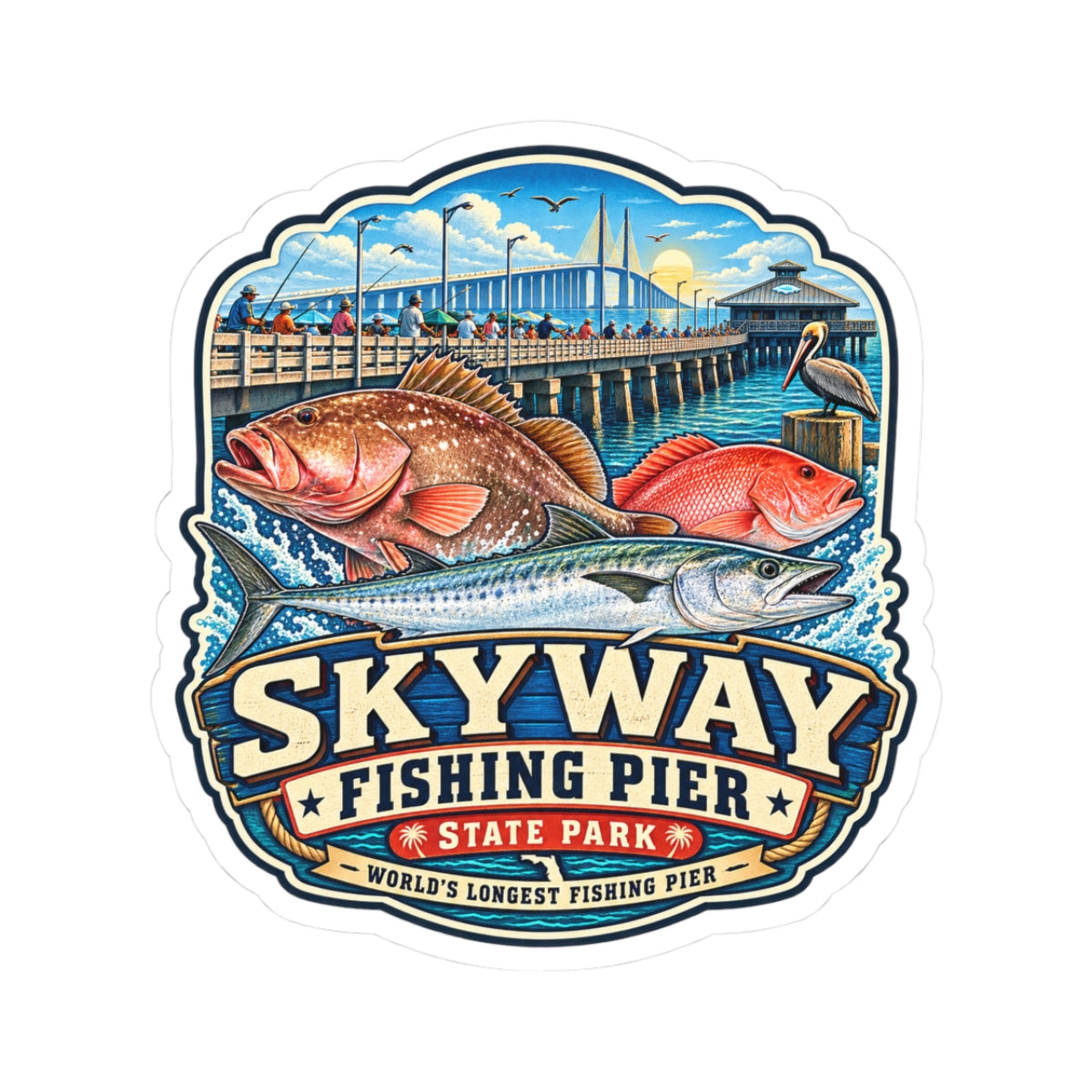 Skyway Fishing Pier Sticker — Vintage Pier & Fish Kiss-Cut Decal