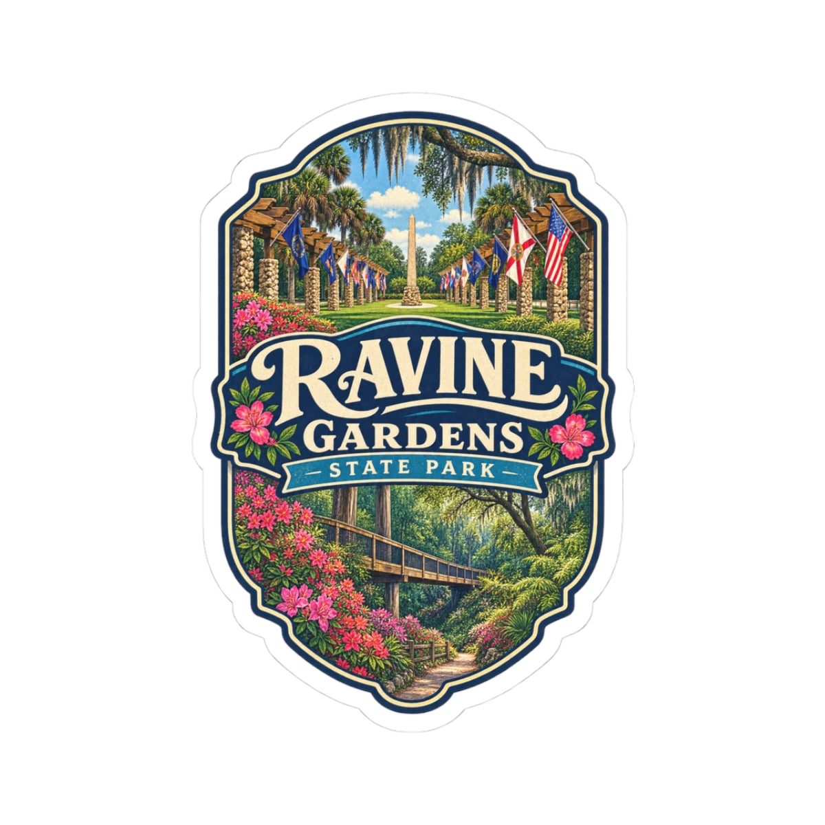 Ravine Gardens State Park Kiss-Cut Sticker — Vintage Scenic Park Badge