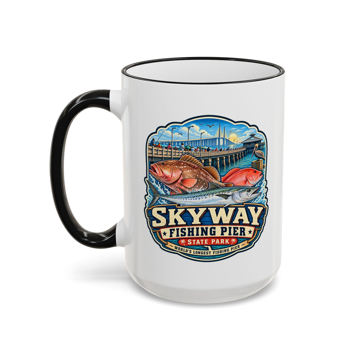 Skyway Fishing Pier Mug — Accent Rim & Handle 11oz/15oz