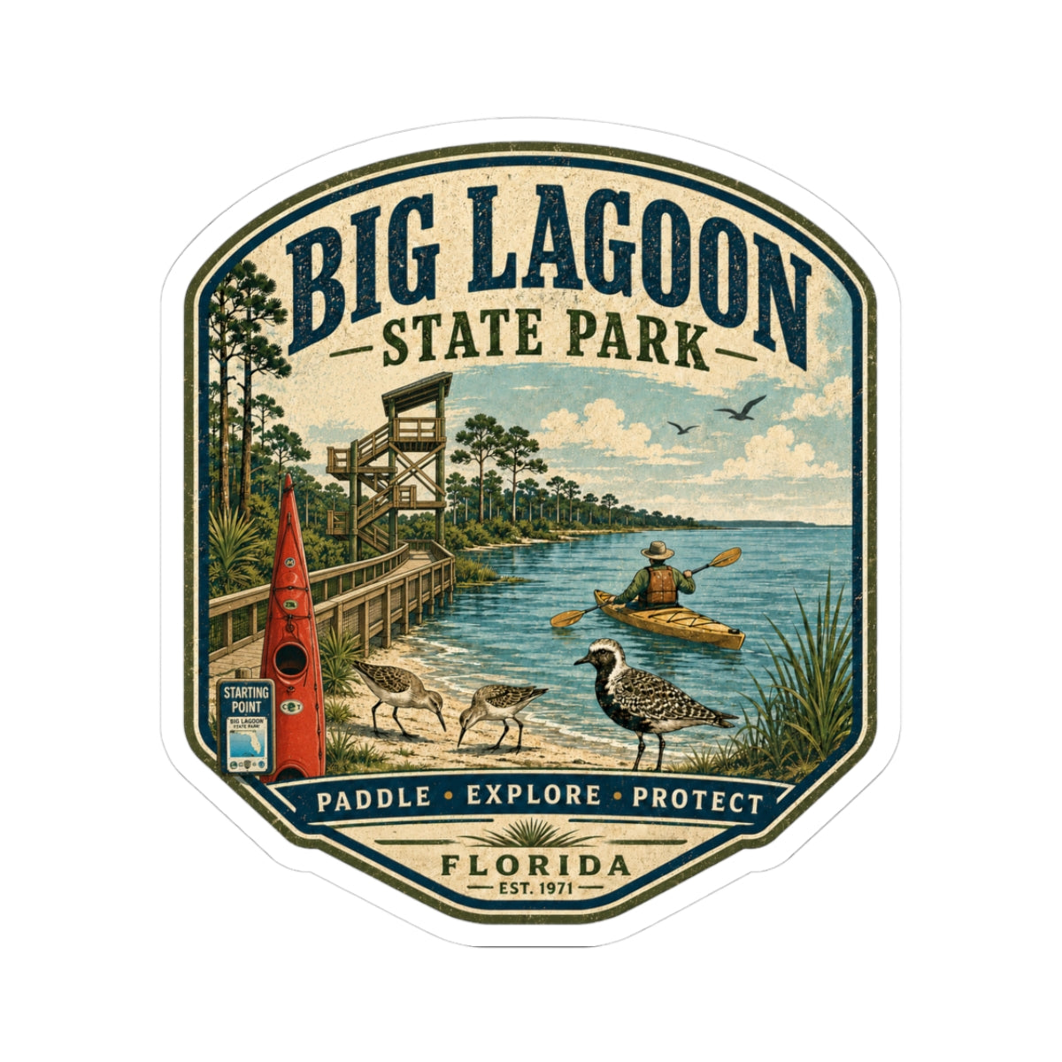 Big Lagoon State Park Vintage Outdoor Sticker — Kayak, Shorebirds & Florida Nature
