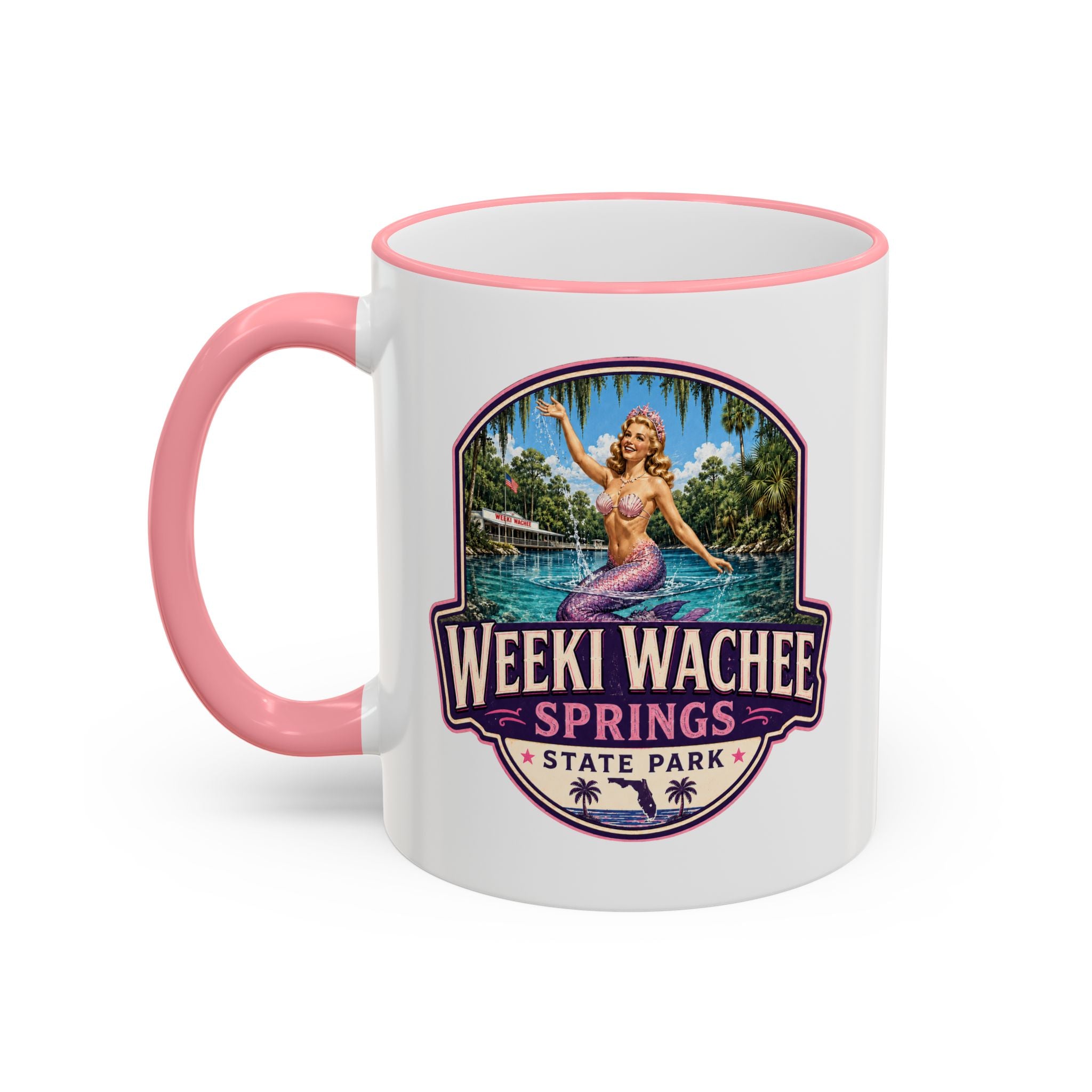 Weeki Wachee Vintage Mug Pink — Accent Rim & Handle 11oz/15oz