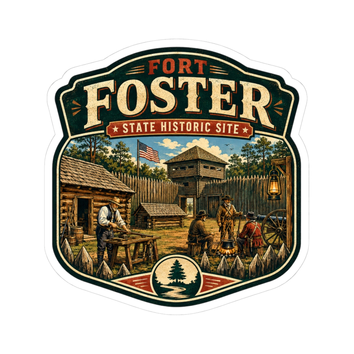 Fort Foster Historic Site Kiss-Cut Sticker — Vintage Fort Illustration