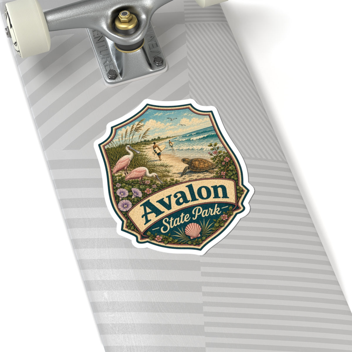 Avalon State Park Beach Sticker — Vintage Coastal Surf & Sea Turtle Kiss-Cut
