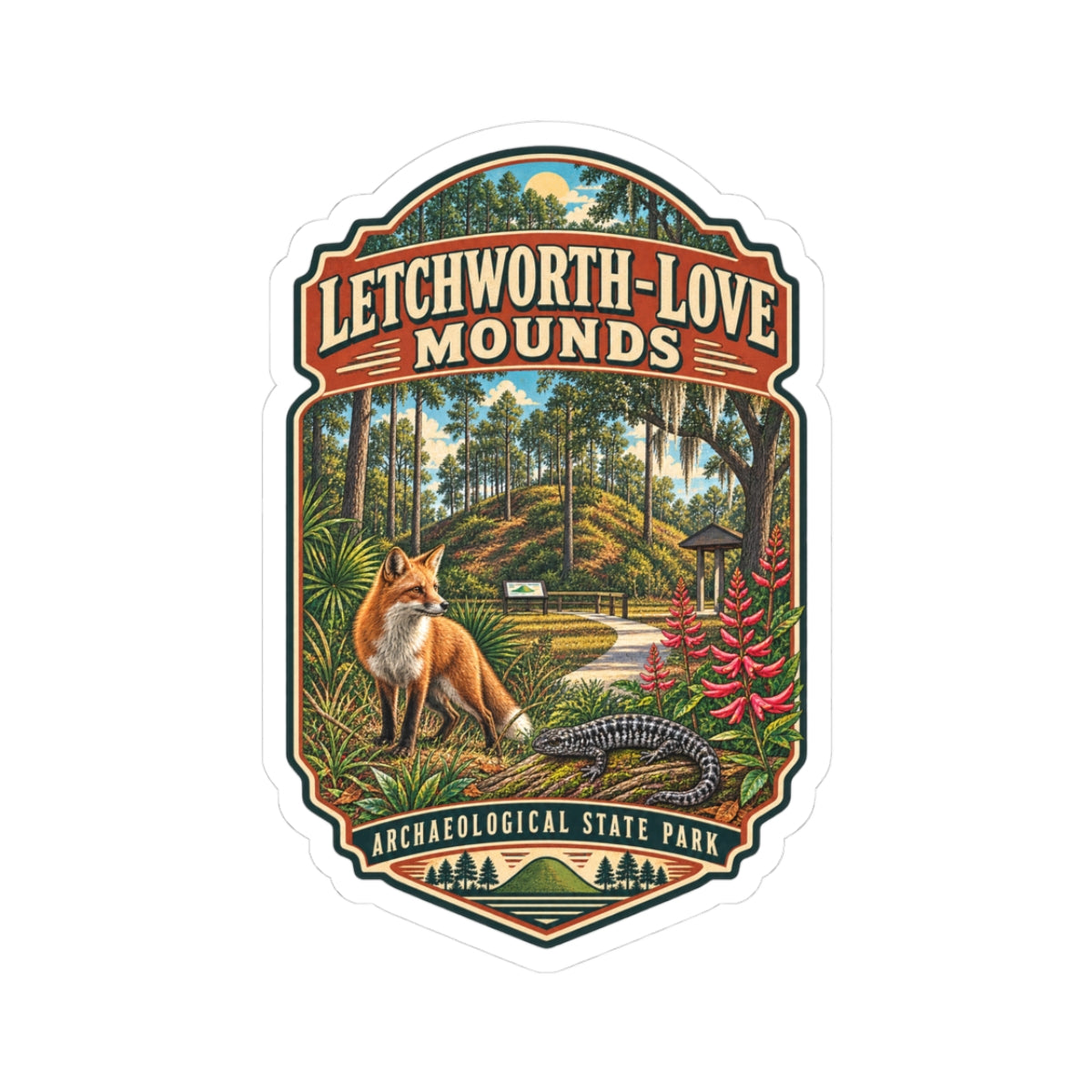 Letchworth-Love Mounds Park Sticker — Retro Fox & Gator State Park Decal
