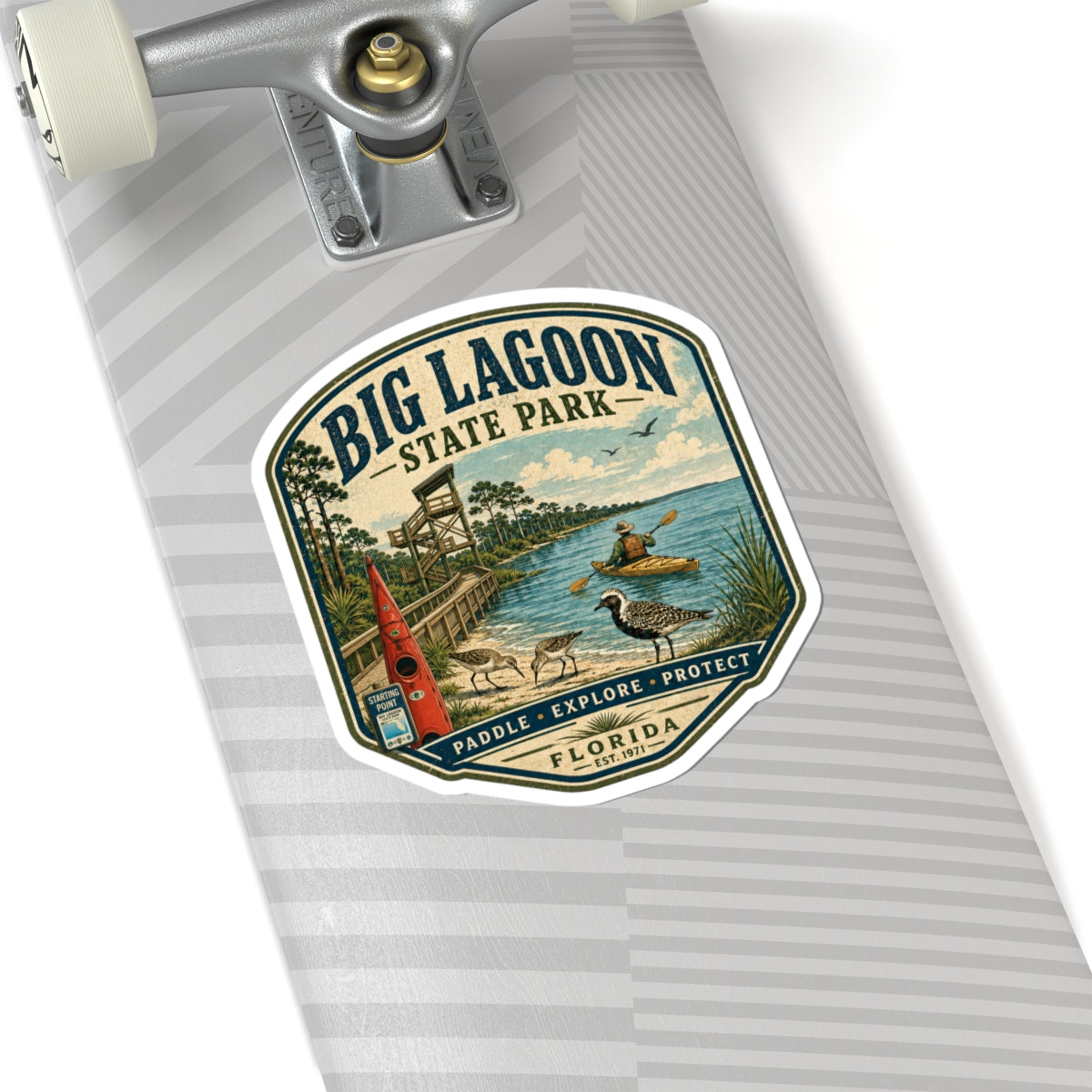 Big Lagoon State Park Vintage Outdoor Sticker — Kayak, Shorebirds & Florida Nature