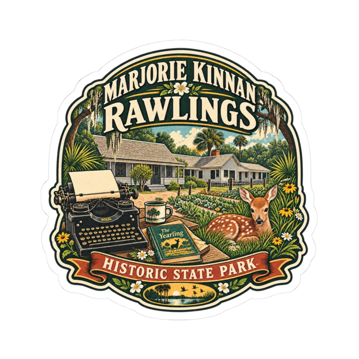 Marjorie Kinnan Rawlings Historic State Park Sticker — Vintage Typewriter & Deer Kiss-Cut Decal
