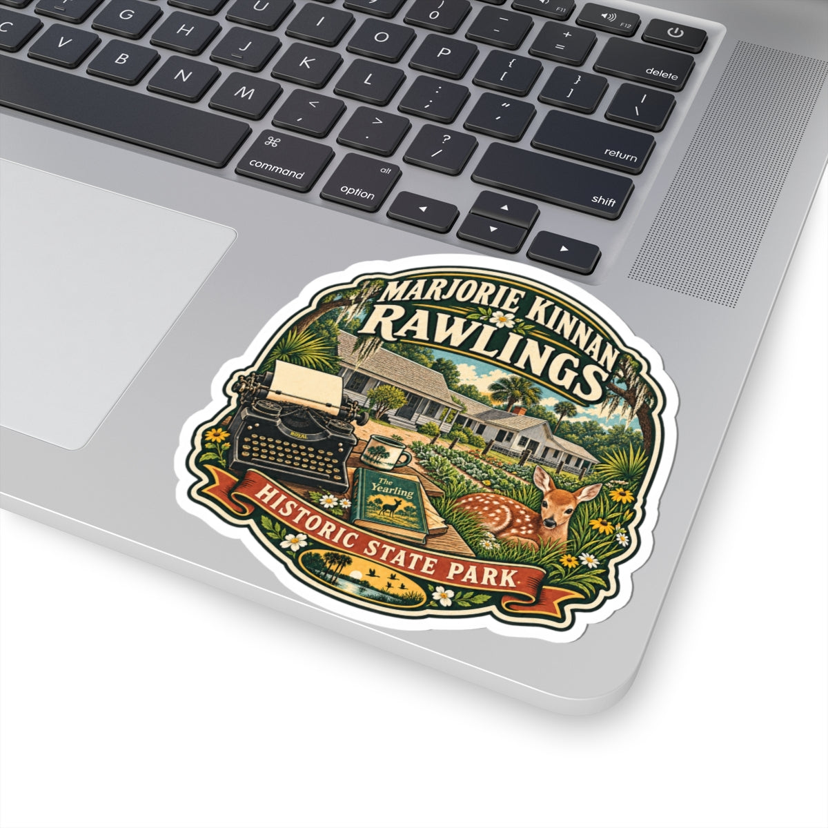 Marjorie Kinnan Rawlings Historic State Park Sticker — Vintage Typewriter & Deer Kiss-Cut Decal