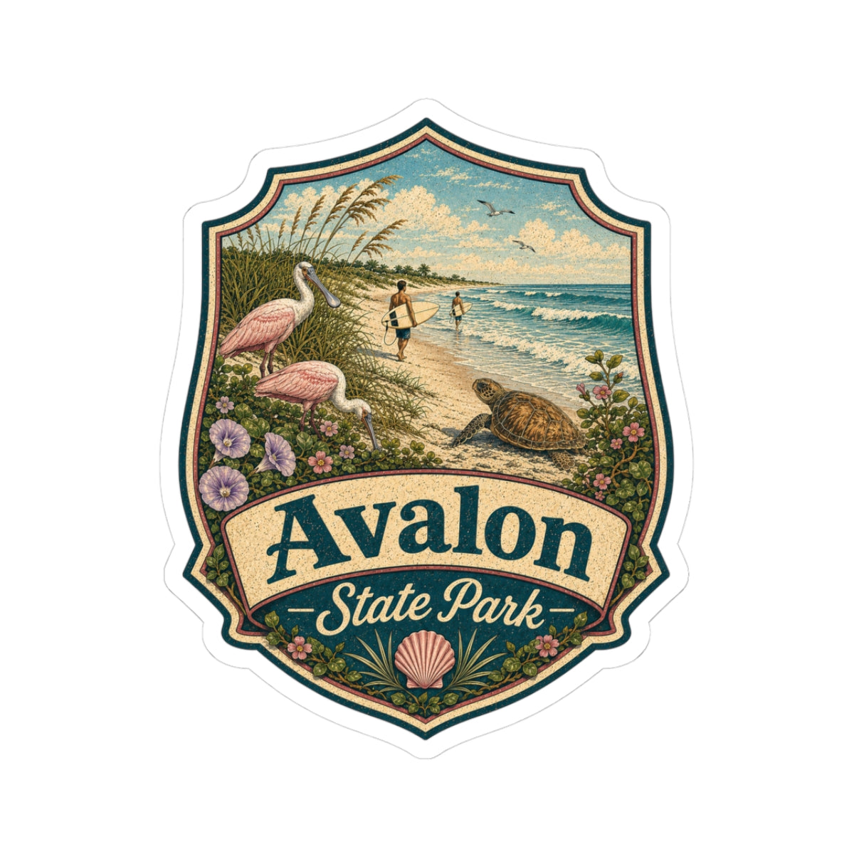 Avalon State Park Beach Sticker — Vintage Coastal Surf & Sea Turtle Kiss-Cut