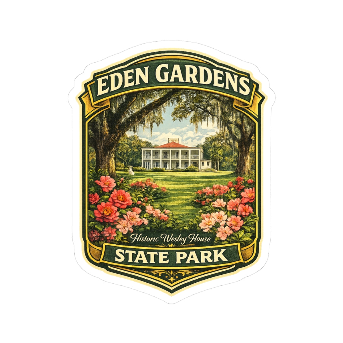 Eden Gardens State Park Vintage Badge Sticker — Historic Wesley House Kiss-Cut Sticker